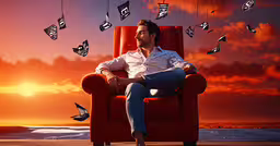 a man sits in an orange chair with a sky of some sort as it appears to be floating on the air,a man sitting in a red chair while looking up at the sky