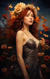 a young woman with red hair wearing a flower crown