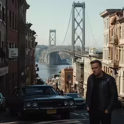 a man is walking down the street towards cars