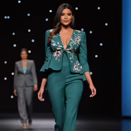 a woman walks down the runway in green