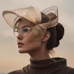 a woman in a fancy dress with some accessories on her head