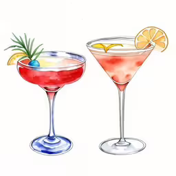 two glasses with different drinks are lined up in a line,two glasses with cocktails are sitting next to each other,the illustrations of glasses with cocktails,two glasses of drinks are filled with colorful cocktails,the illustration shows two alcoholic drinks in glasses