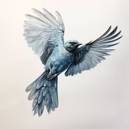 a blue and white bird flying through a sky,a blue bird flying high up in the air