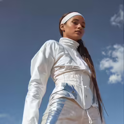 a woman in an oversized white suit looks into the distance