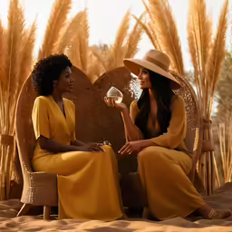 two women sit on a chair in an outdoor setting with a glass of wine