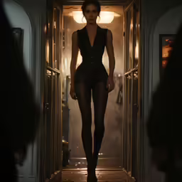 a woman wearing black bodysuit and tight stockings walking towards the camera