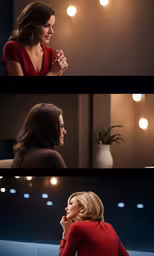 a woman sits down and laughs with another woman in the background