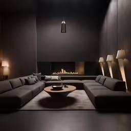 an living room with a large sectional couch and a fireplace