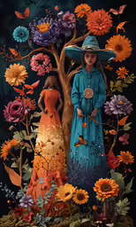 a painting of an older woman standing next to an old tree