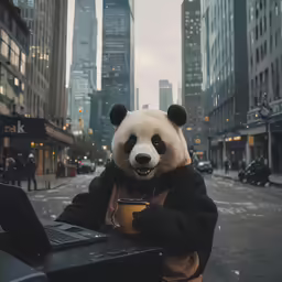 a panda bear sitting at a table with a coffee cup in his hand