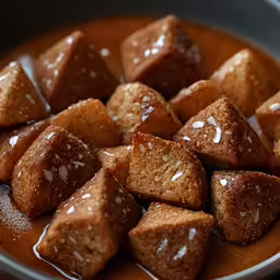 a pile of small, brown squares in a brown sauce