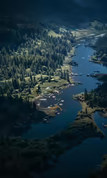 a lake surrounded by wooded area with boats in it