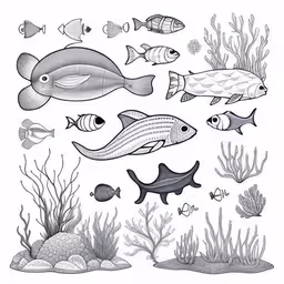 an ink painting of some sea animals