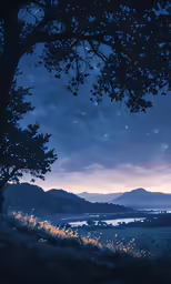 the moon shining behind the trees with stars above it