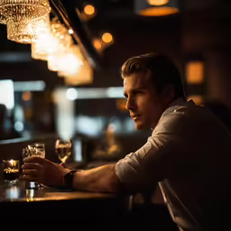 a man sitting at a bar with a glass of wine