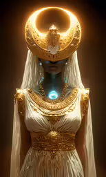 an egyptian woman with an open gold head and a glowing halo around her neck