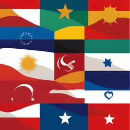 a wall with various colored flags painted on it