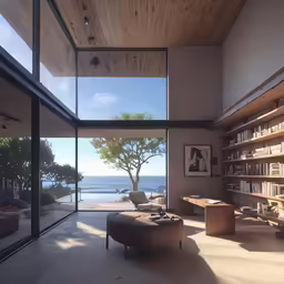 a living room with a wooden ceiling that has glass walls and floor to ceiling windows