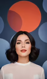 a portrait of an asian woman in front of an orange and black background