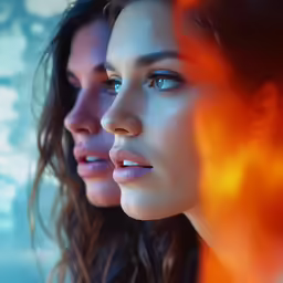 two beautiful women staring straight ahead in an artistic image