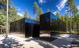 the trees are in the distance and the walls have black glass on them