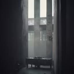 a suitcase sits in a dark room in front of windows