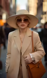 a woman with a tan hat and a brown purse is seen walking in the city