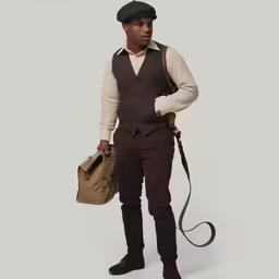 a man wearing hat, shirt and jacket and holding a leather purse