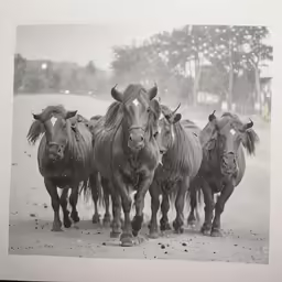 this is an old photo of horses that are walking on a road