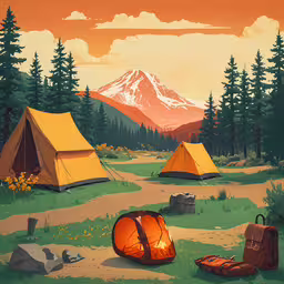 there are tents set up in the grass with a mountain background,an orange camping tent with trees and mountains in the background