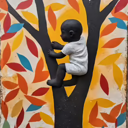 the small figurine is holding onto a tree