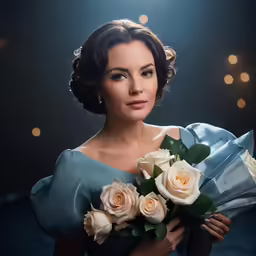 a beautiful woman holding some flowers with a bright background