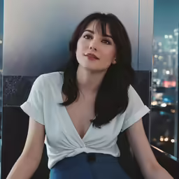 the woman in a top is sitting down on a ledge