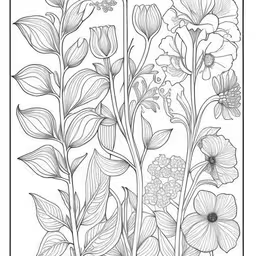 a flower arrangement with three flowers on the same plant,an artistic line drawing of flowers and foliage