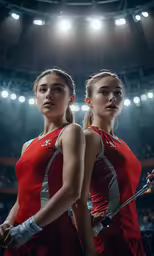 two women with swords looking over an arena