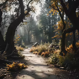 a path between trees in the woods covered with leaves