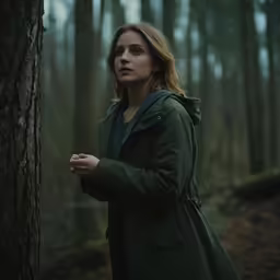 a woman in the woods with a forest background