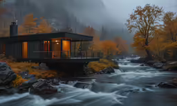 cabin on top of river with water coming out