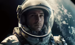 an astronaut looks off to the distance in front of the earth