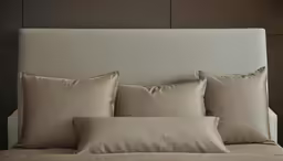 two tan pillows that are on the bed