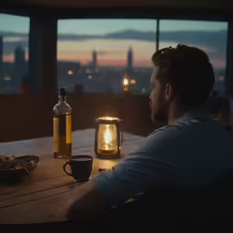 a person sitting at a table looking out the window