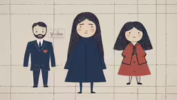 an illustration of four people, one in a coat and a woman with a beard