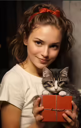 a young girl holding a cat while wearing a white shirt