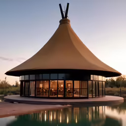 a large tent is near a small pool