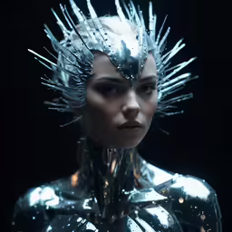 the face and neck of a woman with metal spiked headdress