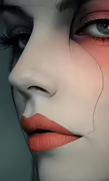 a close up view of a womans face with orange lips