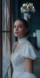 a young woman in a wedding dress is looking out the window