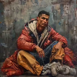 a painting of a man sitting down on the ground,painting of a young man seated on the ground wearing an orange jacket