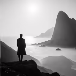 a man in trench coat standing at top of a rocky cliff