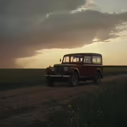 the van is parked on a dirt road